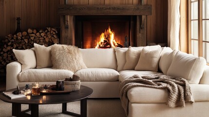 Cozy Living Room with Fireplace and Soft Textiles