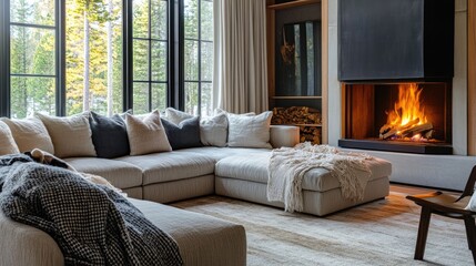 Cozy Modern Living Room with Fireplace and Large Windows