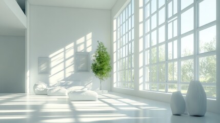 Fototapeta premium Minimalist White Interior with Sunlight and Green Plant