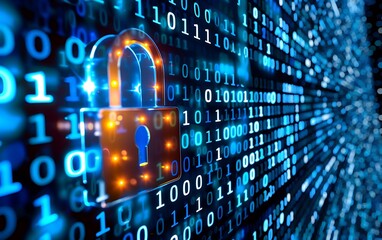security concept with padlock symbols on server room background