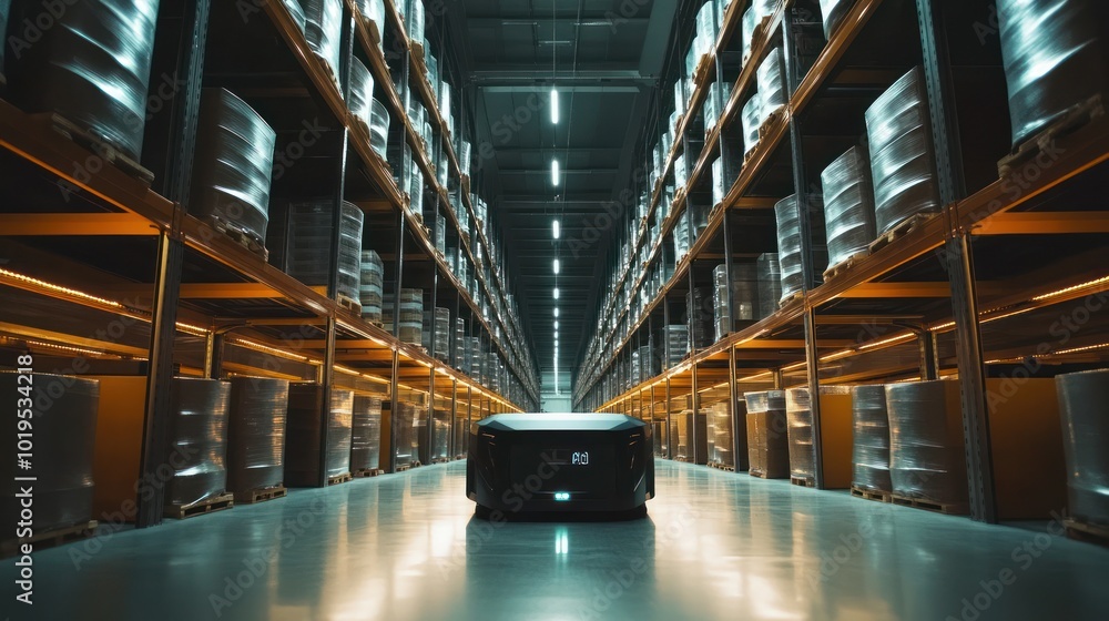Poster a robotic device navigating through a warehouse filled with stacked pallets.
