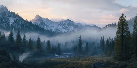 Fototapeta premium A misty sunrise in a valley surrounded by snow-capped mountains.