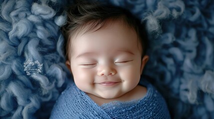 A newborn baby boy sleeping soundly on a blue blanket.