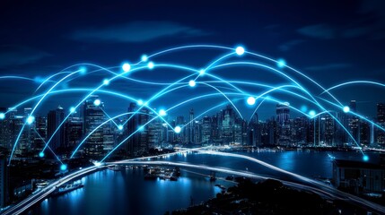 Obraz premium City Night Network Connections Urban Digital Linkage Skyline Nodes Bridge Illuminate