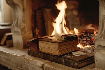 A stack of books with a lit candle on top of them