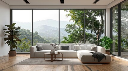 Big window with a view in cozy modern living room