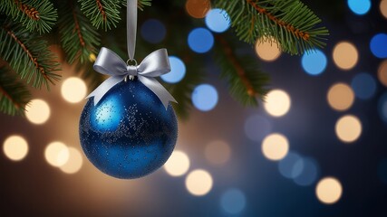 Blue Christmas Ornament with Silver Bow on Wooden Surface and Festive Lights