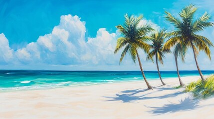 Fototapeta premium A painting of three palm trees on a white sandy beach with turquoise water and a blue sky with clouds.