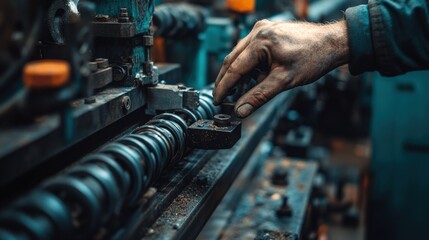 Obraz premium A close-up of a worker's hand adjusting a machine in a factory.