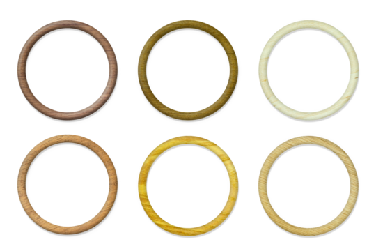 丸みを帯びた立体的なカラフルな6種類の木の木目の輪っか