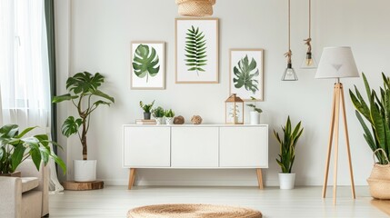Botanical posters on the wall in a living room interior with white cabinet, wooden lamp and plants