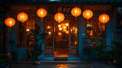 Illuminated Chinese Lanterns Above an Entrance - Illustration