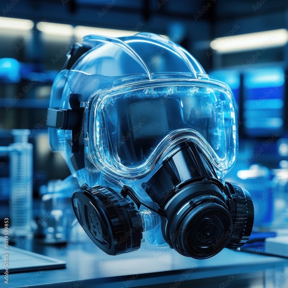 Poster a transparent gas mask displayed in a laboratory setting, emphasizing safety and protection.