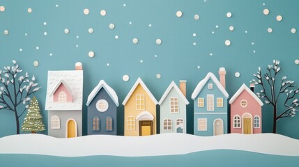 Decorative paper houses with snow-covered roofs and warm facades, winter holiday scene