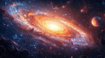 galactic scene featuring a vibrant universe with swirling galaxies shining stars and planets scattered across the cosmic expanse illustrating the magnificence and wonder of space exploration