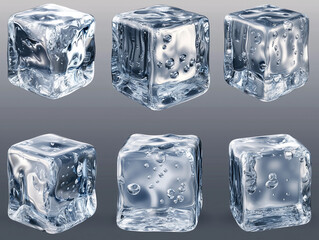Obraz premium ice cubes with detailed water droplets on a transparent background, each cube uniquely shaped, reflecting light with high clarity