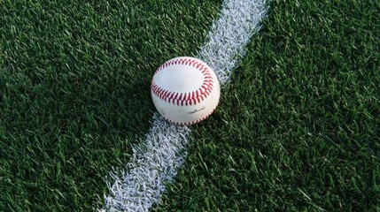 Baseball on Green Turf with White Line
