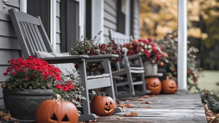 Halloween pumpkins jack o' lanterns, flowers and chairs on front porch, exterior home decor, seasonal decorations, gray and white