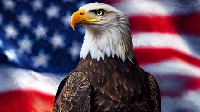 North American bald eagle with the waving USA flag at the background. Symbol of freedom 