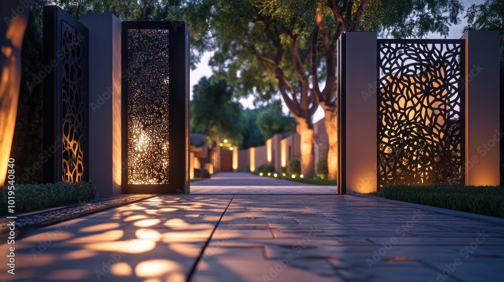Poster a serene pathway illuminated by artistic gates and lined with trees at dusk.