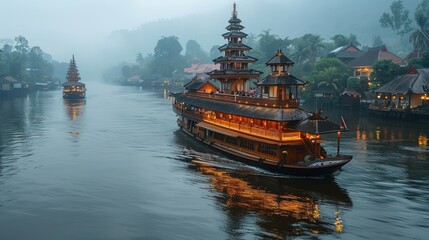 Traditional Boat on a Misty River