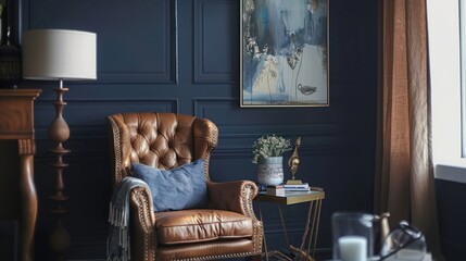 brown accent chair with navy wall