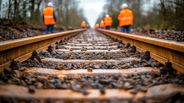 A close-up view of train tracks with a group of construction workers walking in the distance.