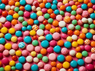 Assorted colorful candies on a vibrant pink background, showcasing sweet treats and playful design