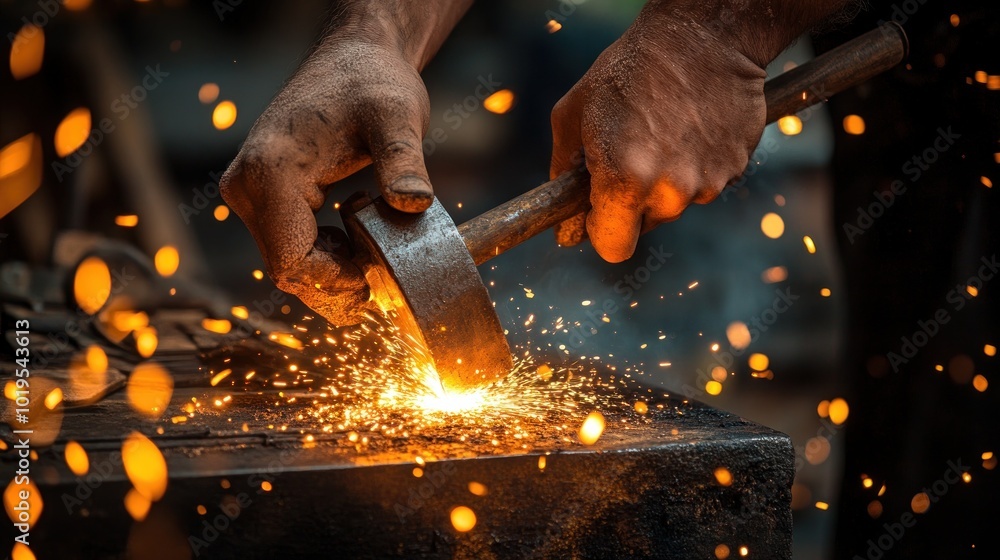 Poster a blacksmith shaping metal with a hammer, creating sparks in a workshop setting.