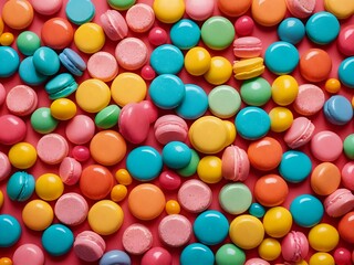 Assorted colorful candies on a vibrant pink background, showcasing sweet treats and playful design