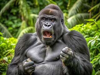 Obraz premium Majestic mountain gorilla displaying strength and power in lush green environment. silverbacks fierce expression captures essence of wildlife in its natural habitat