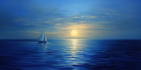 Obraz premium Sailboat on blue water under a sunset.