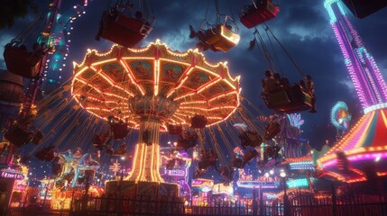 A carnival swing ride with colorful lights.