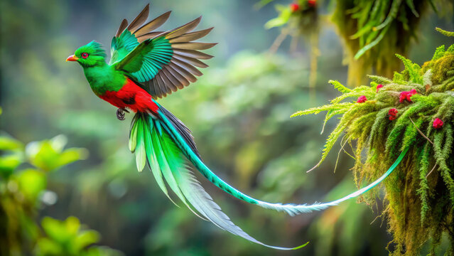 resplendent quetzal is stunning bird known for its iridescent emerald feathers and vibrant colors. This captures its beauty as it gracefully flies among lush greenery, showcasing its long tail and