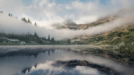 Fototapeta premium Serene Mountain Landscape with Foggy Lake Reflection