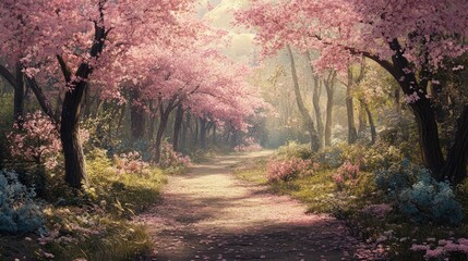 Obraz premium Serene Pathway Through Blooming Cherry Blossom Trees