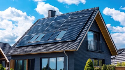 Newly constructed homes with solar panels on the roof under a bright sky A close up of a brand new structure with dark solar panels. Zonneenergie, Zonnepanelen, Translation Sun Energy, solar panel