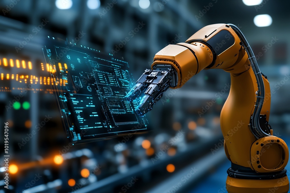 Poster Realistic image of a robotic arm in a factory, demonstrating tomorrowâ€™s solutions for manufacturing automation, with digital displays showing efficiency improvements, symbolizing the future