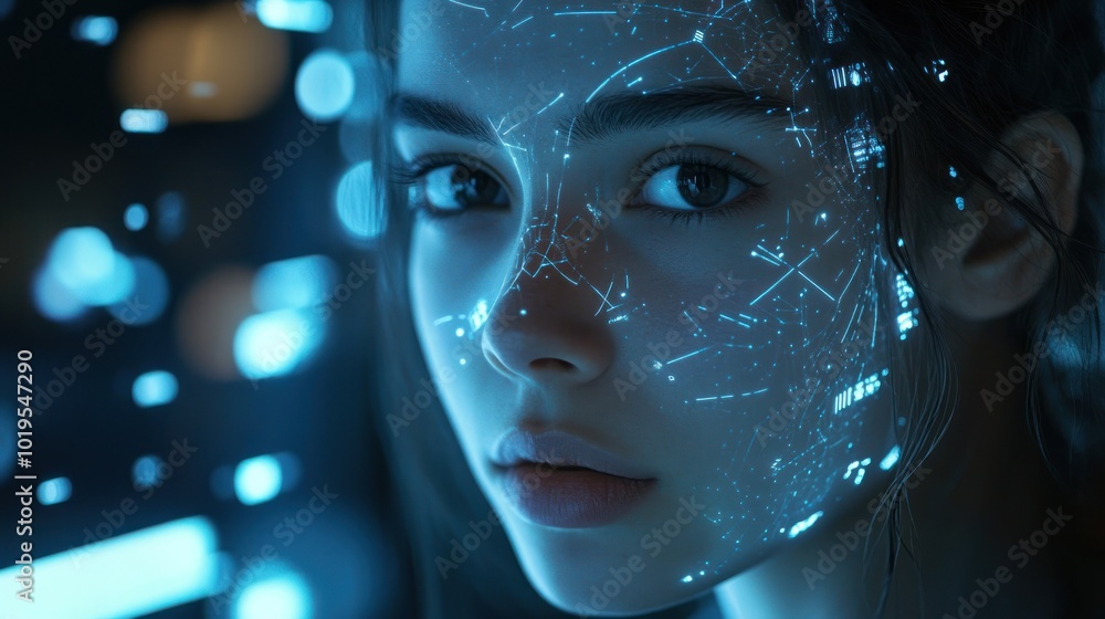 Poster a close-up of a woman's face illuminated by glowing digital patterns and data projections.