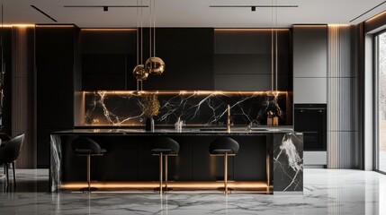 A contemporary, chic kitchen featuring stylish black and white cabinets, golden fixtures, and marble tiles.