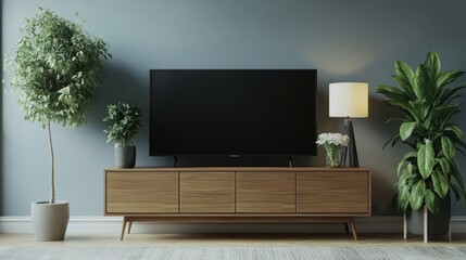 Interior mock up living room. Cabinet for TV or place object in modern living room with lamp, table, flower, and plant. 