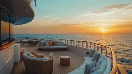 Fototapeta premium A luxurious yacht deck at sunset, offering relaxation and scenic ocean views.