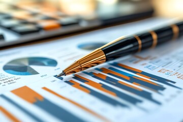 Pen on financial charts with calculator in background.