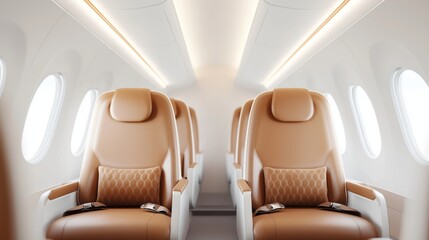 Interior view of an empty, modern airplane cabin with spacious seating and large windows during a sunny day flight.