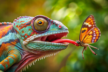 Obraz premium vibrant panther chameleon extends its tongue to catch colorful butterfly, showcasing its unique hunting technique in lush, green environment. scene captures beauty of nature and chameleons striking