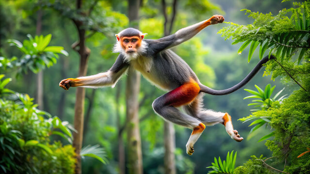 red shanked douc langur leaps gracefully between trees in lush green forest, showcasing its vibrant colors and agile movement. This scene captures beauty of wildlife in its natural habitat