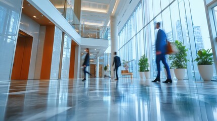 Bright business workplace with people in walking in blurred motion in modern office space