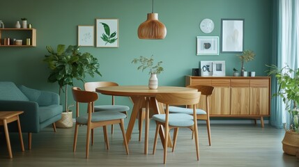 Mint color chairs at round wooden dining table in room with sofa and cabinet near green wall. Scandinavian, mid-century home interior design of modern living room.