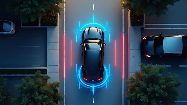 A smart car parking assist system is visualized from a top view, featuring autonomous technology for secure road scanning and self-parking