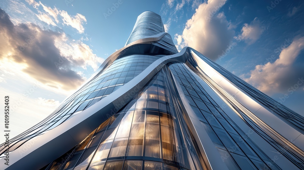 Poster low angle view of futuristic architecture, skyscraper of office building with curve glass window,